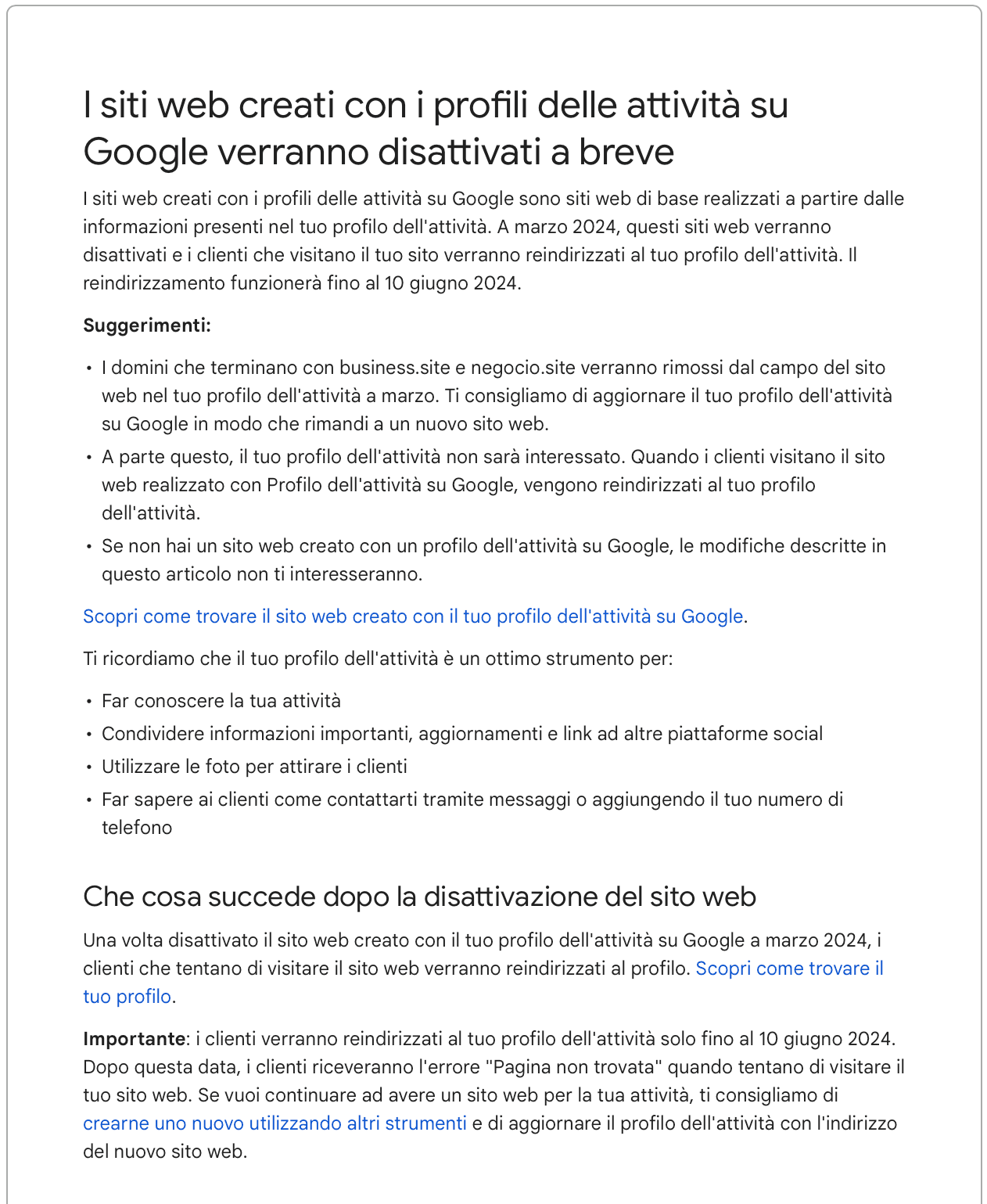 google disattiva business site news 2024 strumento per la creazione del sito web